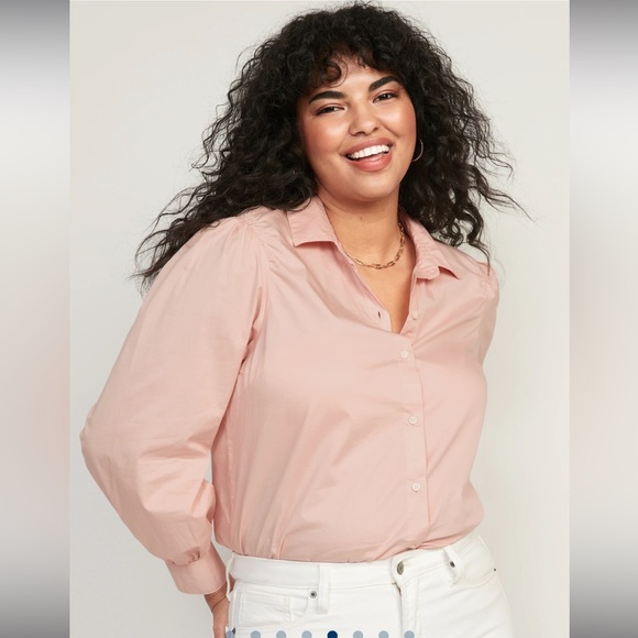 OLD NAVY Salmon Pink Long-Sleeve Smocked Cotton Poplin Button Down Blouse Shirt - Picture 4 of 13